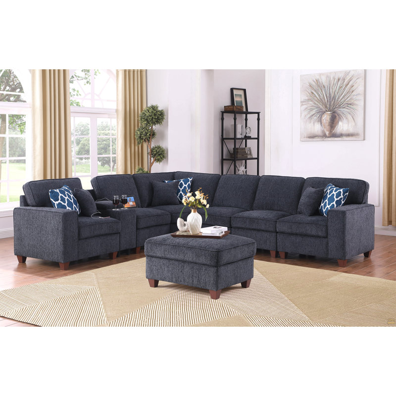 Canapé modulaire avec repose-pieds, Chenille - Noir, H 35 po x l 136,25 po x P 99,25 po