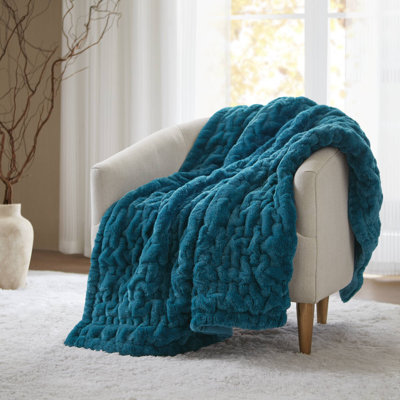 Teal Ruched Fur Throw 50x60"