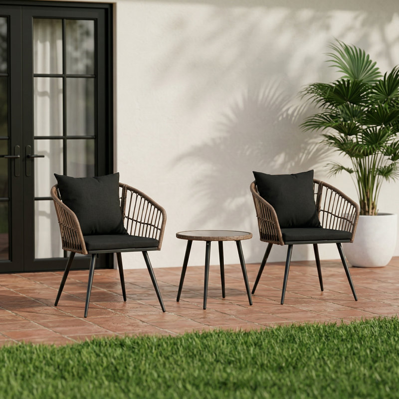 Ensemble de conversation d'extérieur pour 2 personnes avec chaises en osier et table d'appoint en verre, Black, Brun