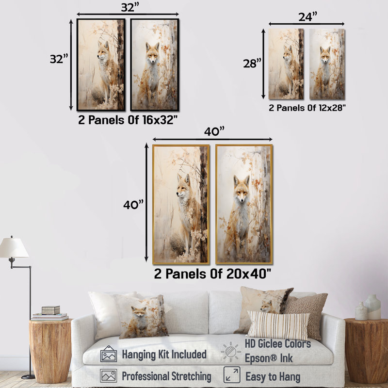 Minimal Wolf In Forest - Wolf Canvas Wall Art Set Of 2, Black Framed, 40" H x 41" W