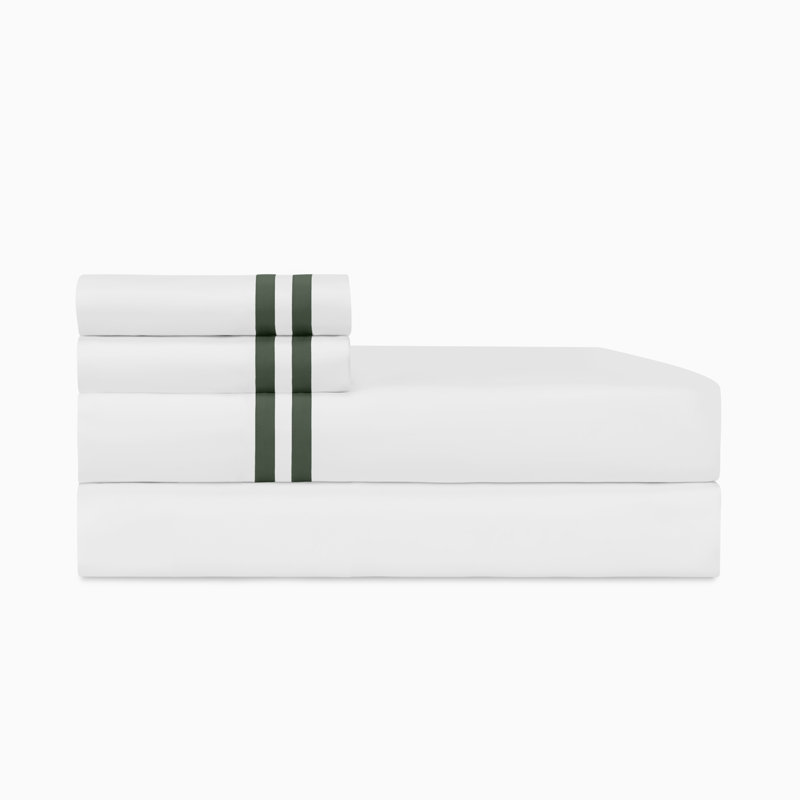 Ribbons 300 Thread Count Egyptian-Quality Cotton Sateen Sheet Set, Twin, White/Forest