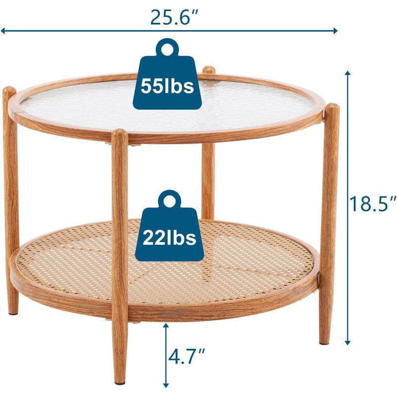 25.59in Double-Layered Round Water Ripple Glass And PE Rattan Tabletop Matched With Heat Transfer Wood Grain Iron Frame Coffee Table