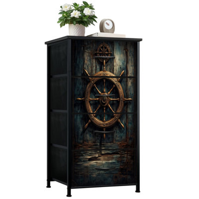 Dresser for Bedroom with 4 Storage Drawers Rustic Wooden Ship Wheel Weathered Nautical Blue Nautical Dressers Chest of Drawers Steel Framed Fabric Closet Organizers for Dorm Entryway
