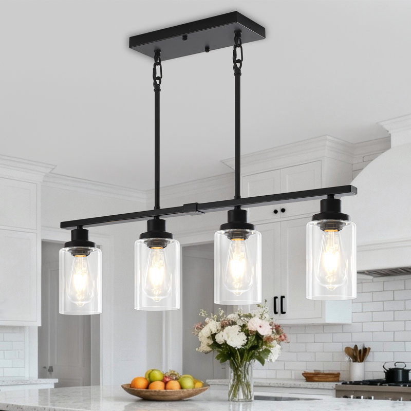 Luminaire suspendu linéaire à 3 lumières avec abat-jour en verre transparent, Nickel, Quatre lumières