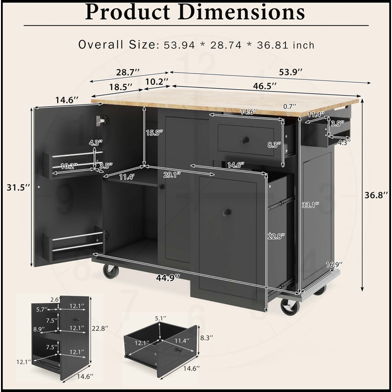 Îlot de cuisine polyvalent avec plusieurs options de rangement et fabrication durable, Noir