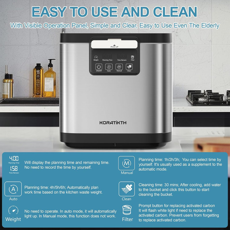 4L Electric Composter for Kitchen: Indoor Smart Quick Composting Machine with LED Timer Display