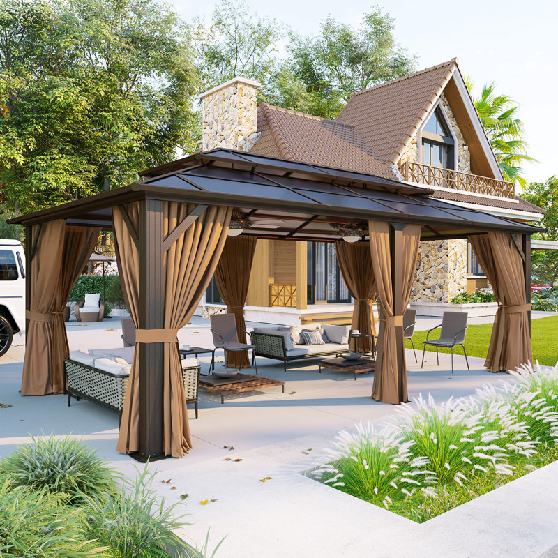 Double Roof Gazebo, 111.02" H x 235.43" W x 142.91" D, Brown