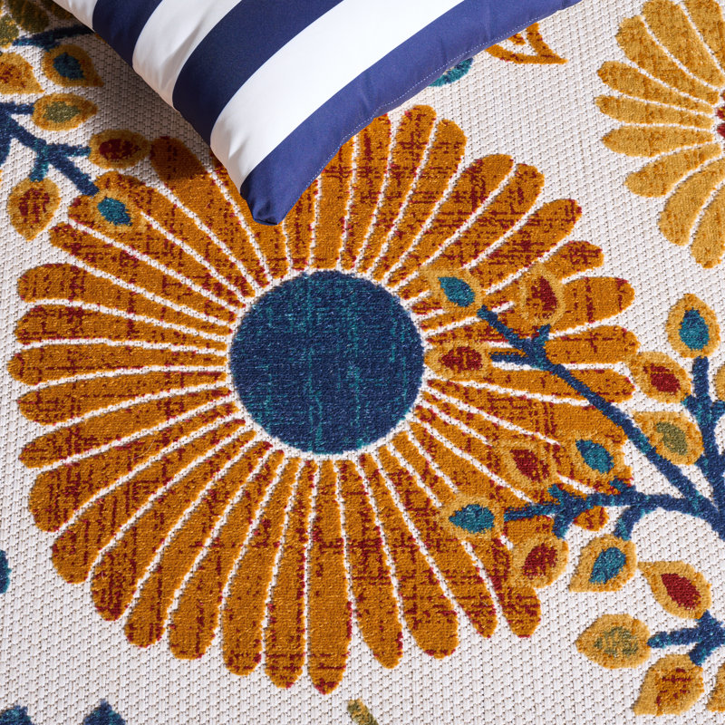 Kellems Performance Floral Indoor/Outdoor Area Rug, Rectangle 6' x 8', Blue/Orange/Cream