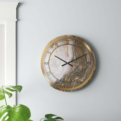 Alcesta White Marble with Curley Gray and Gold Veins - Glam Metal wall clock
