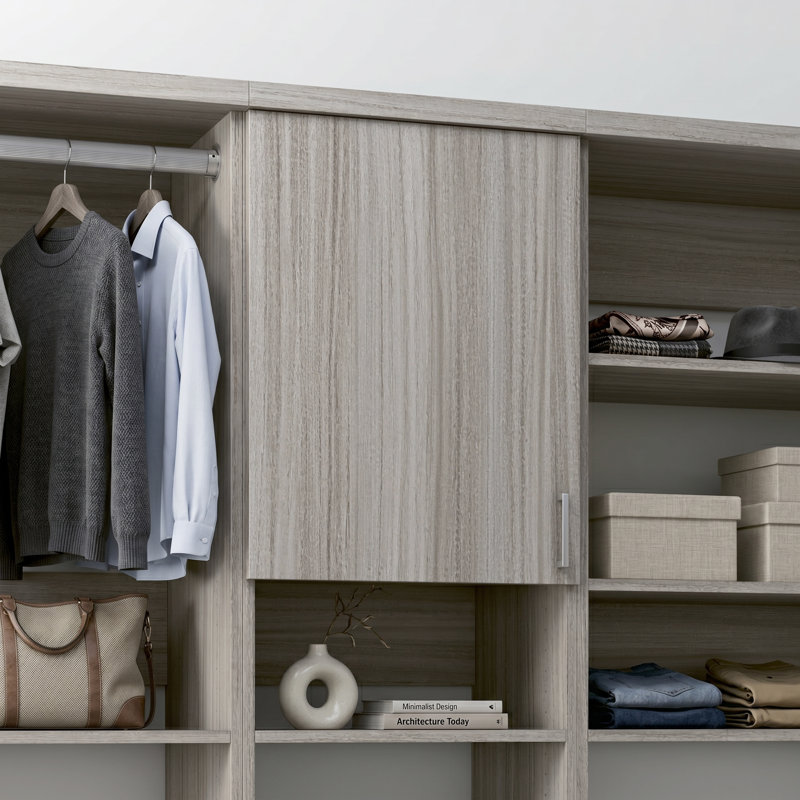 Grey Oak 18" Floor-Mounted Closet Section with Slab Doors, 1 Clothing Rod, 1 Shelf & 2 Reveal Drawers, 18, Grey Oak