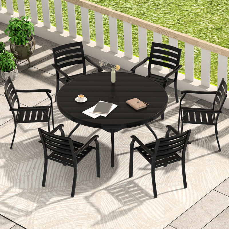 7 - Piece Outdoor Dining Comprising 6 Stackable Metal Chairs And 51.84" Round Table With Adjustable Umbrella Hole,  For Backyard Garden Relaxation, Design Pieces Patio : Black Table, Use, Easy