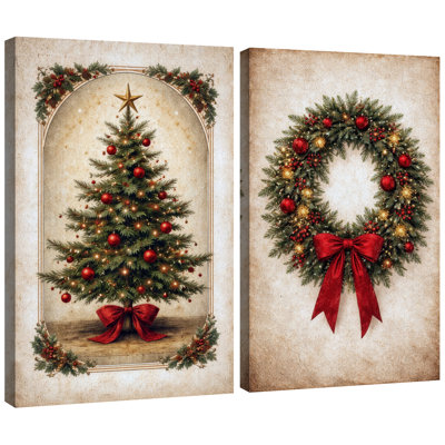 Art rétro de sapin de Noël et couronne, photos de salon de vacances, impression sur toile encadrée, 2 pièces