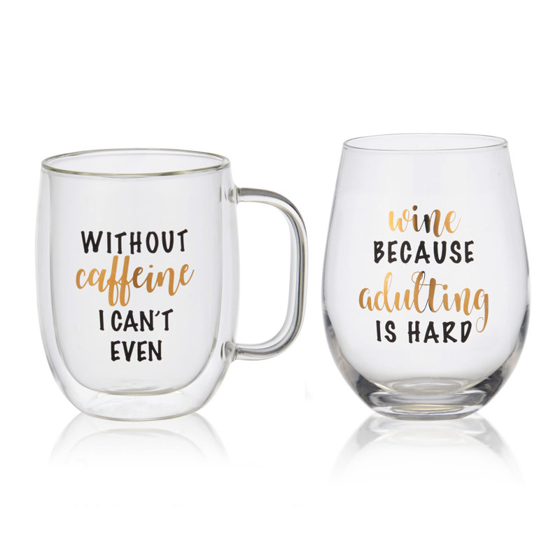 Novelty Double-Wall Coffee Mug & Stemless Wine Glass Set