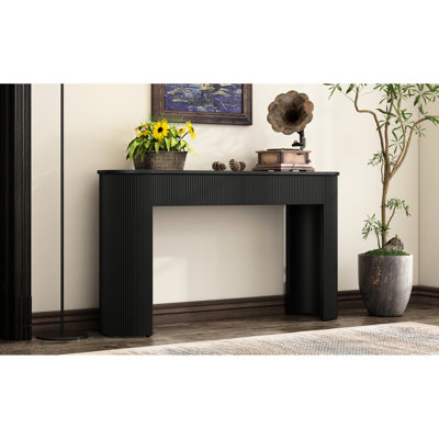 Table d'entrée minimaliste noire avec plateau ovale cannelé, 2 tiroirs pour ranger petits objets et décorations, console de couloir élégante et esthétique, couleur, côté, pieds incurvés stables