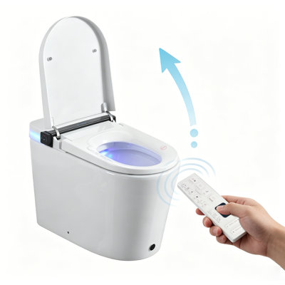 Toilette allongée intelligente avec bidet intégré, ouverture / fermeture automatique, capteur de pied et technologie de bouclier en mousse