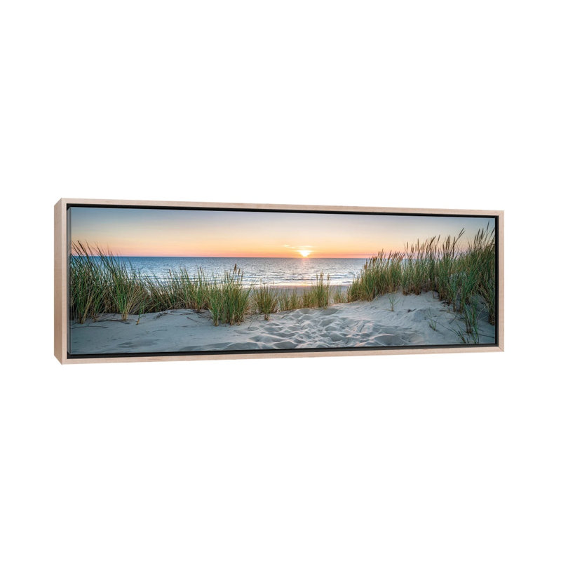 Dune Beach Panorama At Sunset, North Sea Coast, Germany by Jan Becke - Panoramic Print on Canvas, Oak Floater Framed