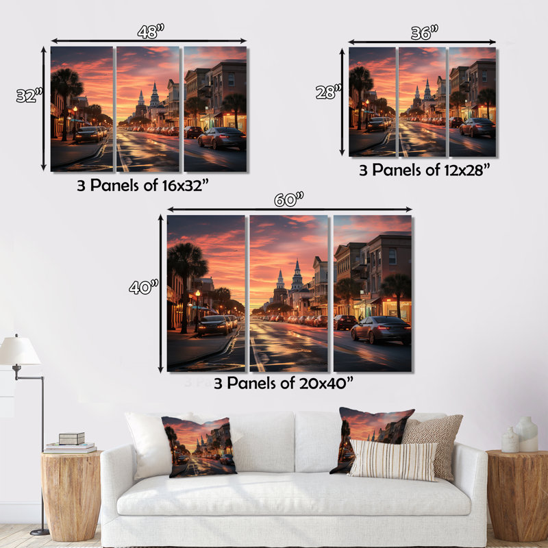 Charleston Beautiful Cityscape IV on Canvas, reproduction de 3 pièces, H 28 po x l 36 po x P 1 po