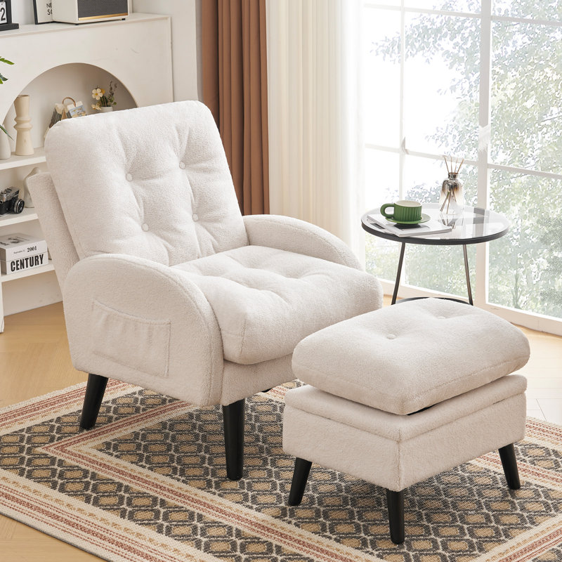 Elandra Upholstered Accent Chair and Ottoman, with 5 Level Adjustable Backrest, White Teddy Fleece