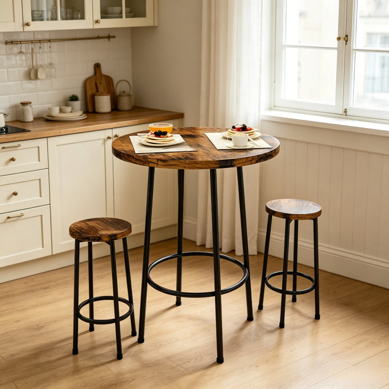 3-Piece Round Pub Table Set, Industrial Bar Height Bistro Table With 2 Backless Stools, Rustic Reclaimed Wood Finish, For Small Kitchen, Apartment & Breakfast Nook