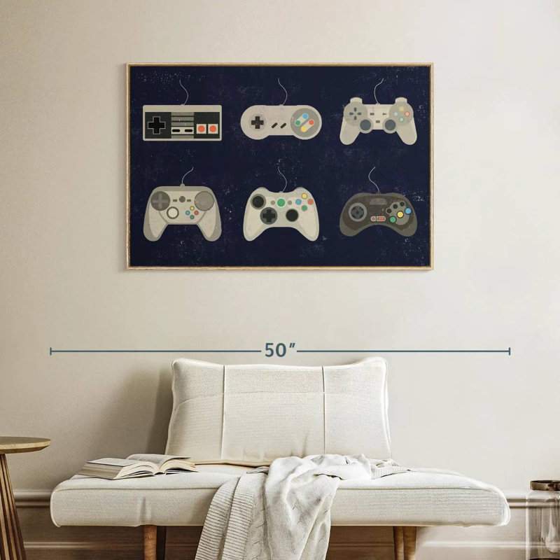Video Game Controller Evolution, Floating Frame Natural Wood, 40" X 27"