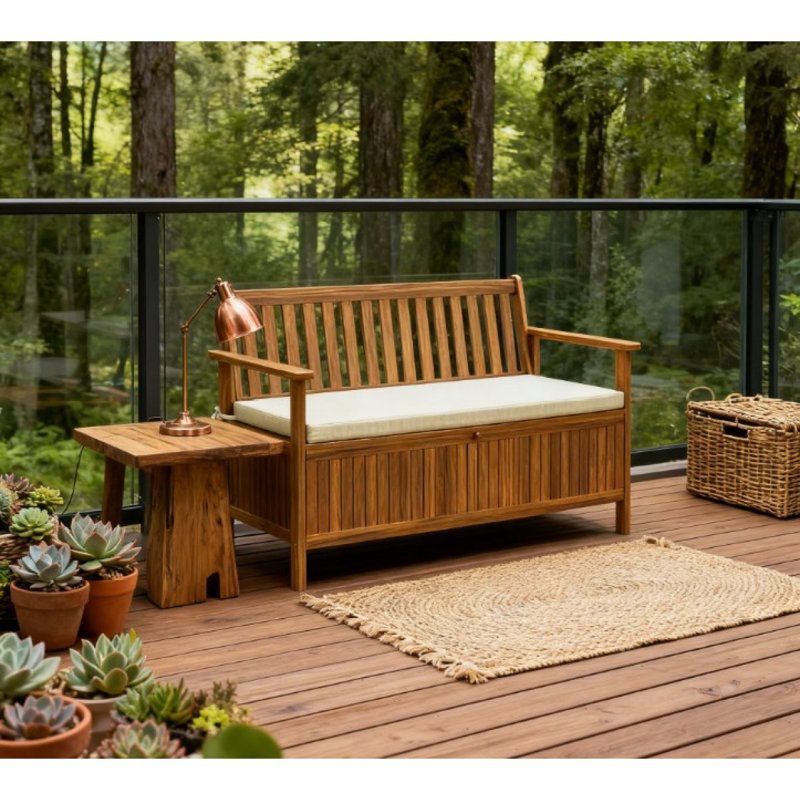 Banc de patio en bois, banc d'extérieur avec compartiment de rangement, banc de jardin avec coussin