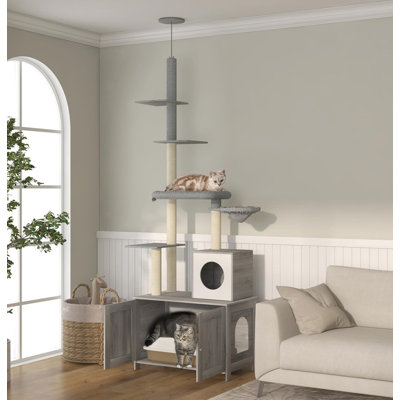 Arbre à chat 2 en 1 avec bac à litière - Tour pour chat du sol au plafond avec condo, lit, hamac, poteaux à griffes et plateformes | Meuble gris pour chat d'intérieur