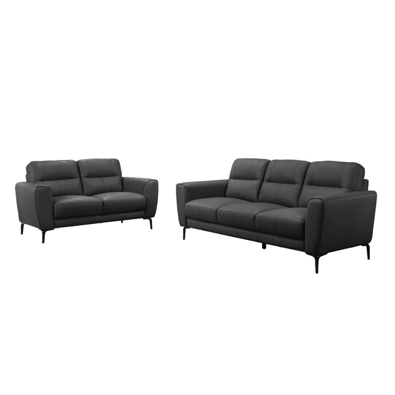Comfortable 2pc In Anthracite Gray Leather: Contemporary With Horizontal Seats And Back Cushions Full Leather Tufting Legs For Living Area