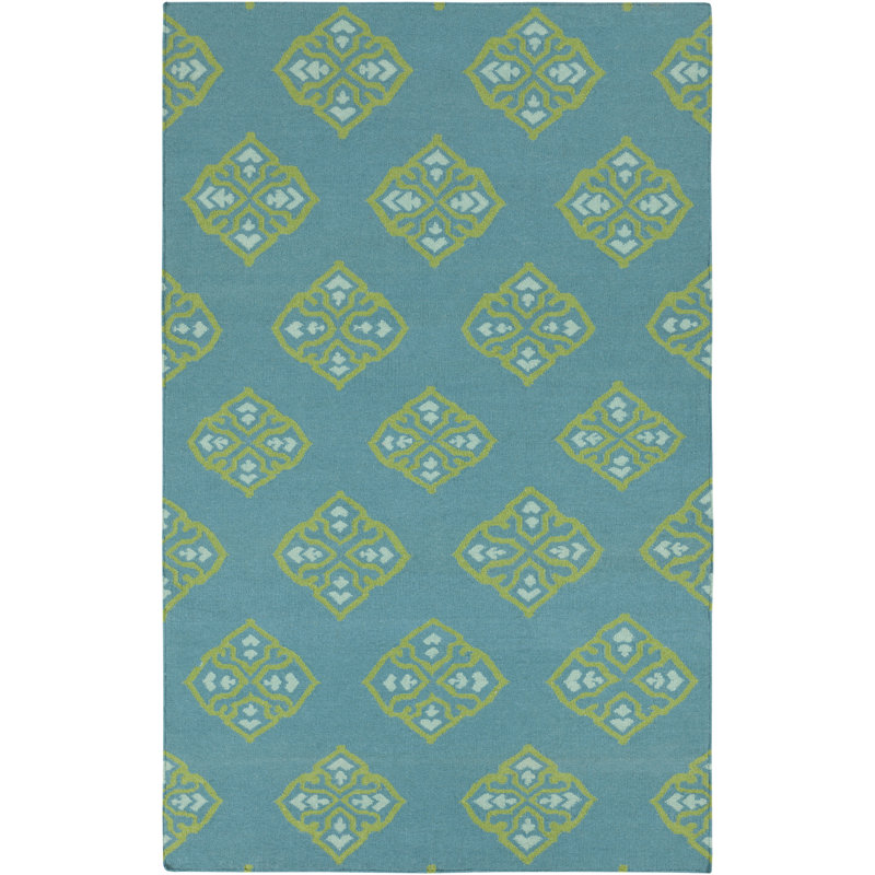 Tapis bleu/jaune en laine handwoven à tissage plat Atkins, Rectangle 2 pi x 3 pi