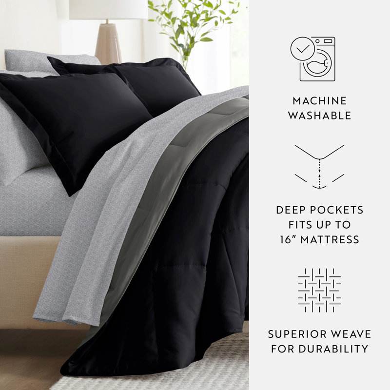 7-Piece Reversible Bedding Bundle - Solid Comforter and Patterned Sheet Set, Black, King Comforter + 1 Additional Piece