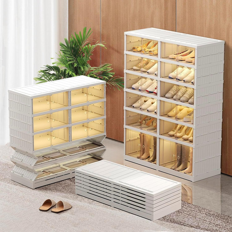 Organisateur de chaussures pliable en plastique 24 paires pour placard, boîtes à chaussures transparentes empilables avec portes et couvercles, grande armoire de rangement pour chaussures facile à assembler