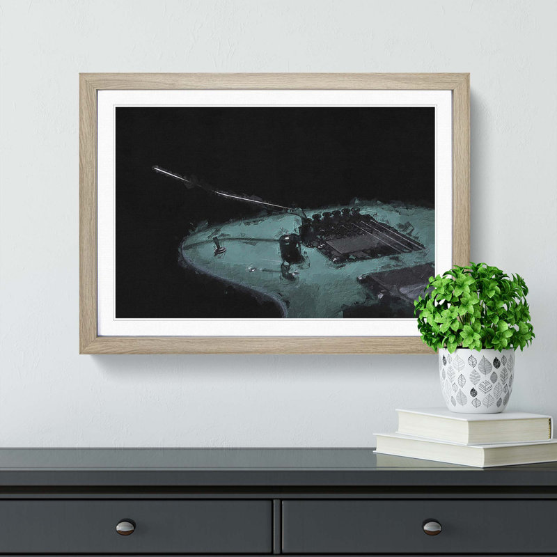 Teal Blue Electric Guitar - Picture Frame Painting Print, Oak Framed, 36cm H x 48cm W x 2cm D