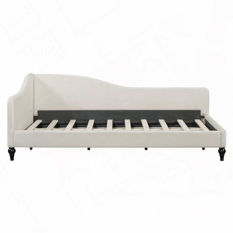 L-Shaped Linen Daybed, with Solid Wood Legs, Beige, Twin