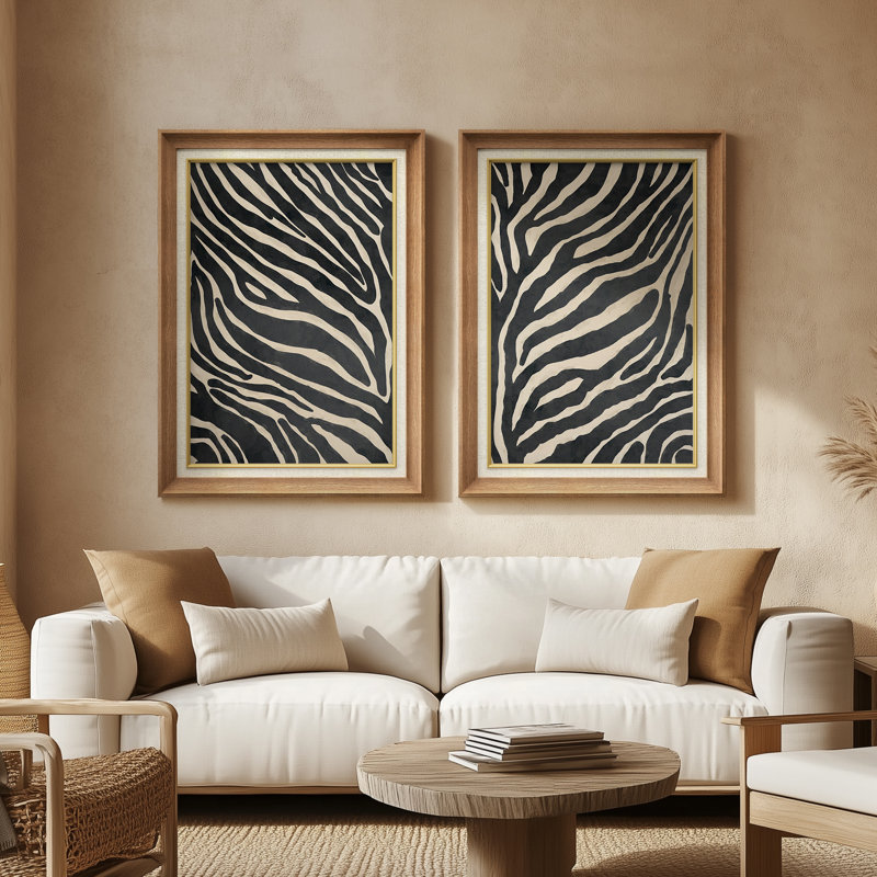 Bold Zebra Pattern Monochrome - Set of 2 Premium Framed Wall Art Print on Paper 26"x36", Natural