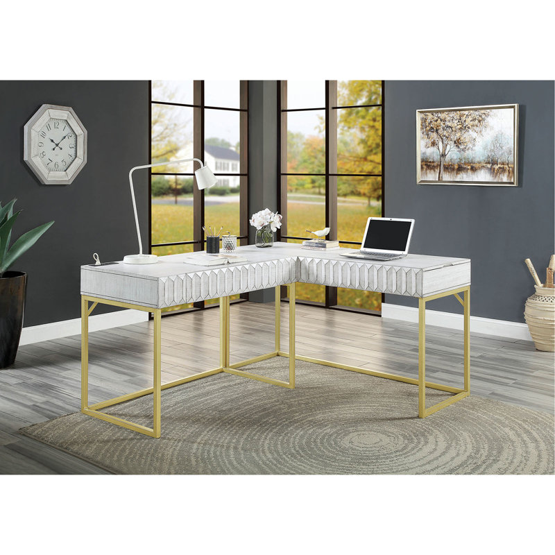 Bureau d'ordinateur transitionnel à deux tons blanc antique, conception avec dessus de port USB et tiroir dissimulé