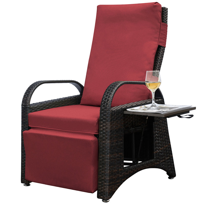 Outdoor Patio Recliner Chair With Ergonomic Design, 2 Buckle Adjustment, And Water - Fabric, Red Adjustable Footrest Built In Table Protected For Garden Relaxation,