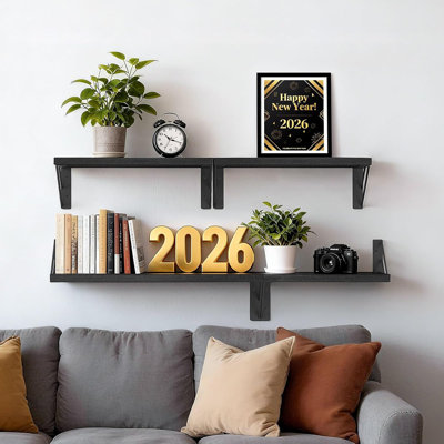 Black Floating Wall Shelves Set Of 4 – Wood Wall Mounted Shelves For Books, Decor & Small Space Storage