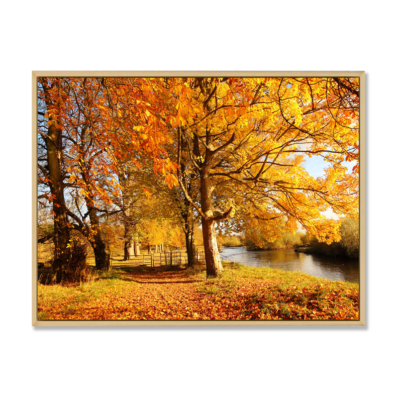 «Yellow Autumn Artistic Forest By The Lake», reproduction sur toile, H 16 po x l 32 po x P 1 po, Cadre flottant brun