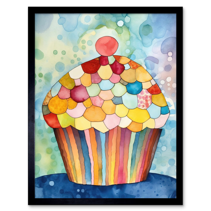 Rainbow Pattern Cupcake Folk Art Watercolour Painting Artwork Framed Wall Art Print 9X7 Inch