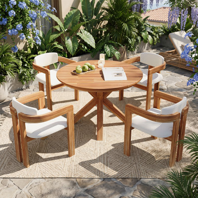 Ensemble de salle à manger 5 pièces en bois massif pour patio, table ronde de grande taille avec 4 sièges et dossiers rembourrés
