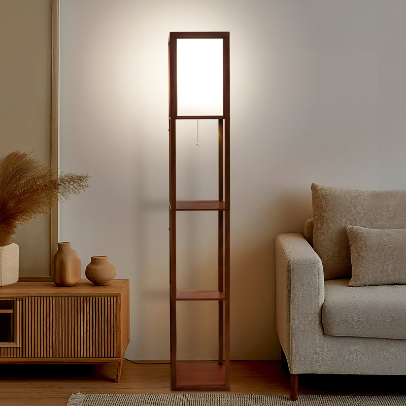 Maxwell 63 in. Traditional LED 3-Shelf Floor Lamp with Fabric Square Shade, Havana Brown