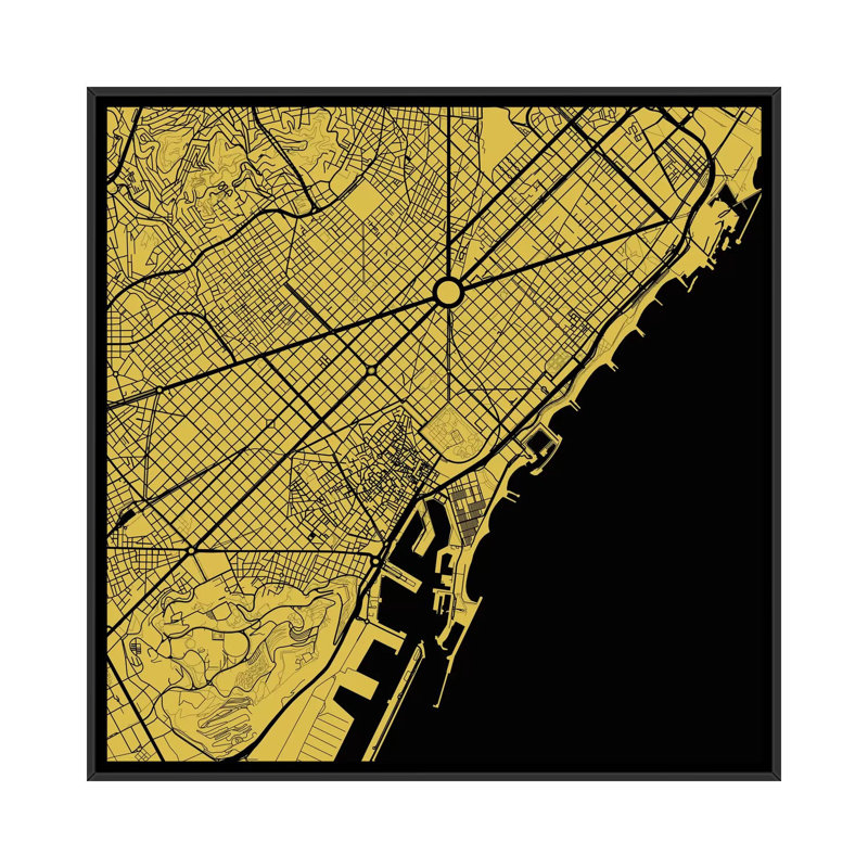 « barcelone », impression sur toile tendue, H 18 po x l 18 po x P 1,5 po, Toile avec cadre noir, Pas de tapis