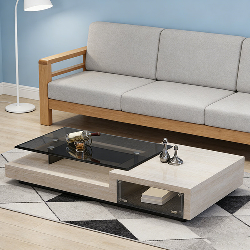 Table basse rectangulaire en ardoise et verre trempé, 15.35" H x 59.05" L x 31.49" W, Noir / brun clair