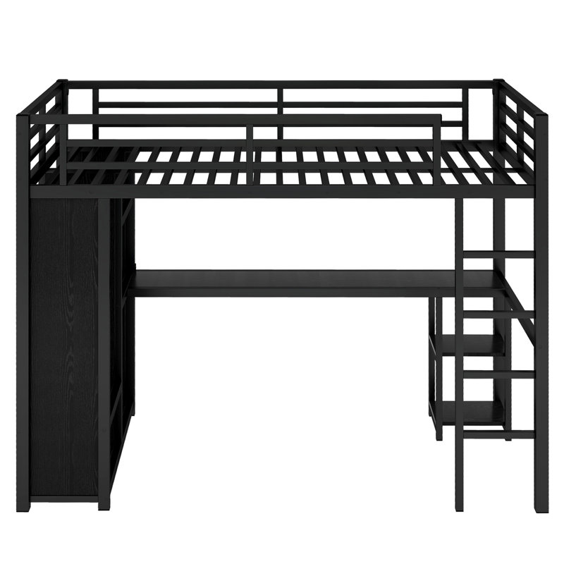 Structure de lit simple en métal TG avec garde-robe intégrée, bureau et tablettes de rangement