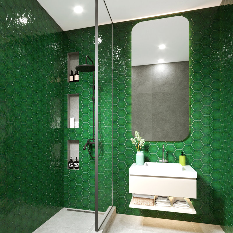 Viva Hex Antic Handmade 6" x 7" Ceramic Tile, Green