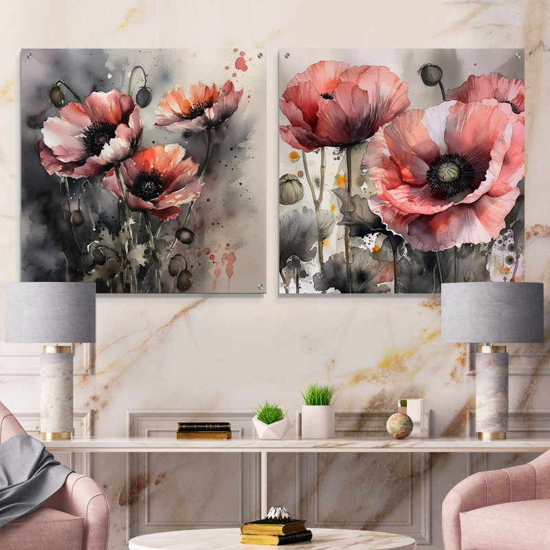 Pivoine rose Blooms I - ensemble de 2 peintures murales en acrylique, H 16 po x l 33 po