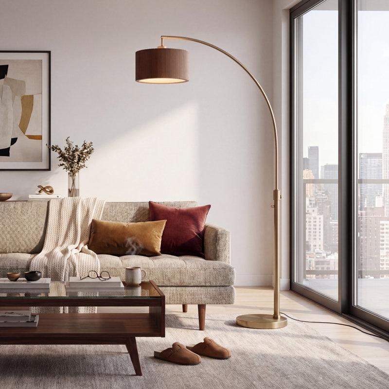 9 " Arched Floor Lamp, Dark Walnut, Weathered Brass