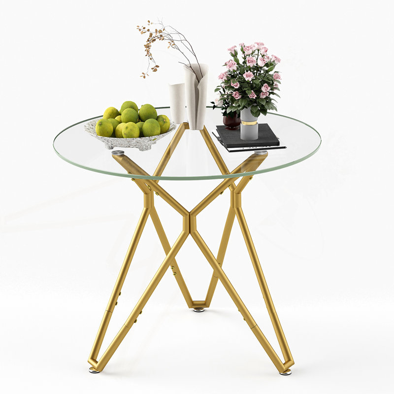 35.4-Inch Round Tempered Glass Dining Table, Suitable For 1-4 People, Space-Saving Small Kitchen Dining Table, Equipped With Sturdy Metal Table Legs, Suitable For Dining Room, Living Room,Gold