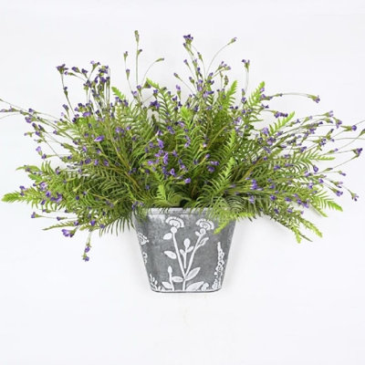 Artificial Spring Summer Wildflower Floral Arrangement With Metal Bucket For Front Door Wall Decor, Farmhouse Blossoms Cluster Greenery Fern Foliage Faux Flower For Dining Table Centerpieces, Home Office Wedding Party Decor