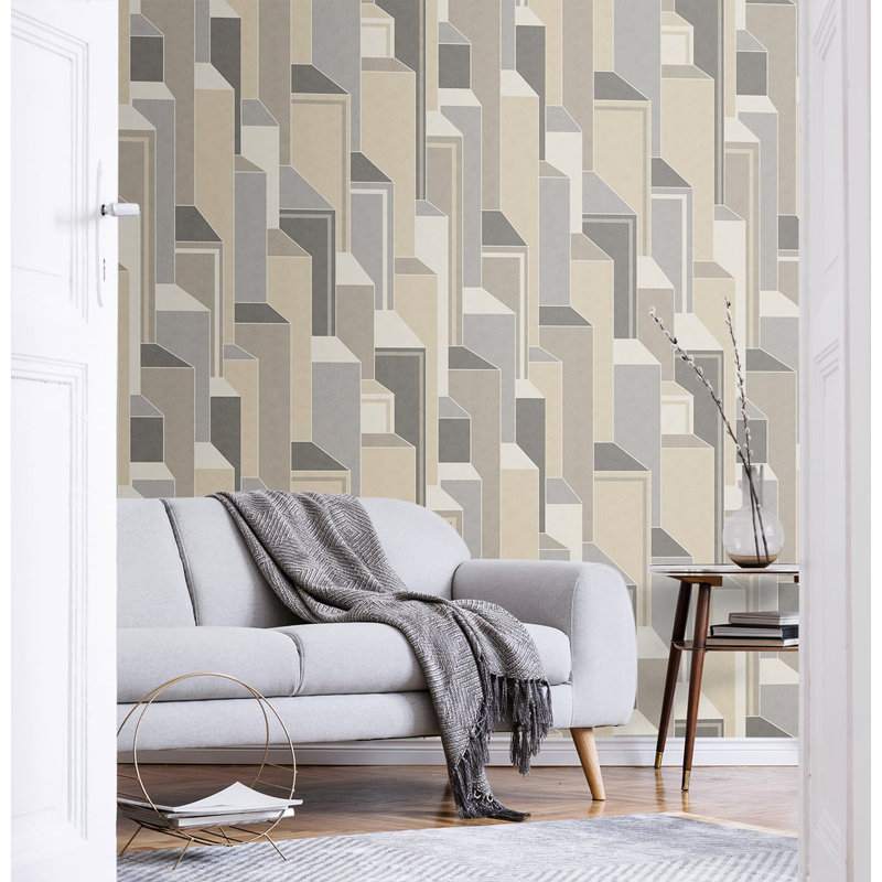 Rouleau de papier peint géométrique L 33 po x l 25,2 po Bunice Latte & Graphite, Gris foncé / brun / argent
