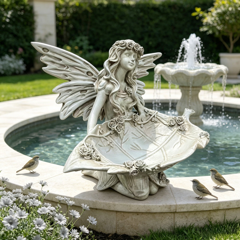 Statue de jardin féerique de 33 cm de haut avec mangeoire à oiseaux, sculpture décorative en résine représentant des anges et des chérubins.